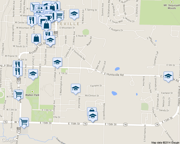 map of restaurants, bars, coffee shops, grocery stores, and more near 501-599 East Miracle Drive in Fayetteville