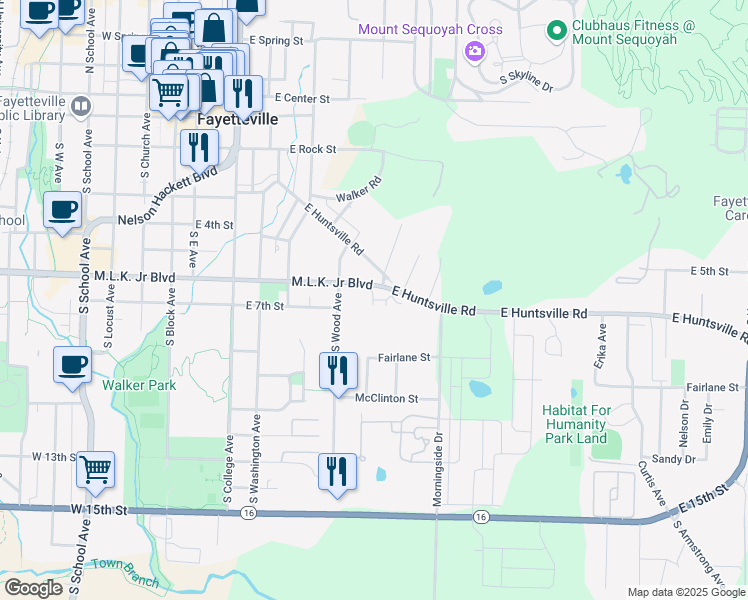 map of restaurants, bars, coffee shops, grocery stores, and more near 501-599 East Miracle Drive in Fayetteville