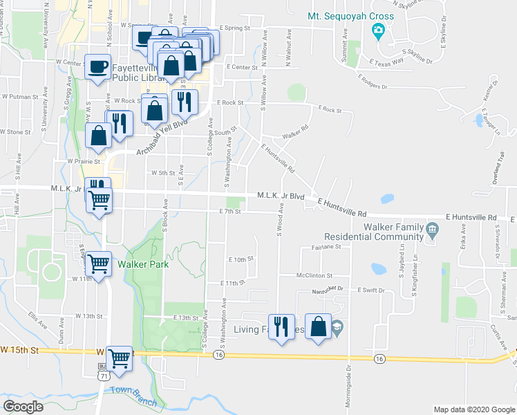 map of restaurants, bars, coffee shops, grocery stores, and more near 364 East 7th Street in Fayetteville