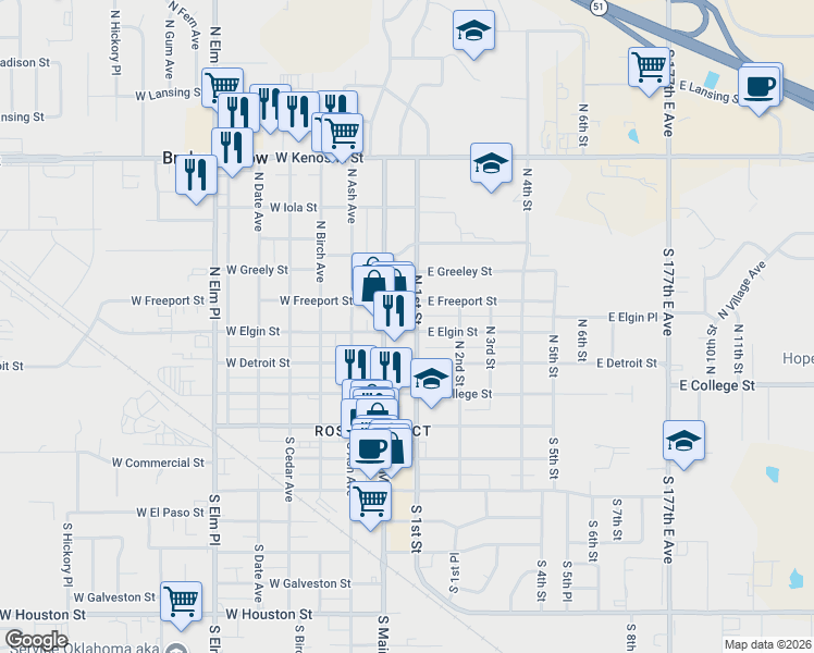 map of restaurants, bars, coffee shops, grocery stores, and more near 114 East Elgin Street in Broken Arrow