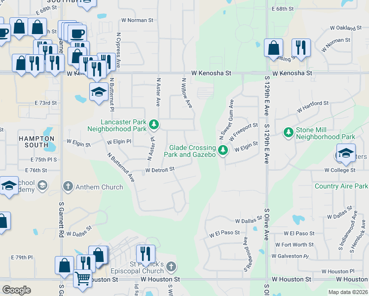 map of restaurants, bars, coffee shops, grocery stores, and more near 4300 West Detroit Place in Broken Arrow