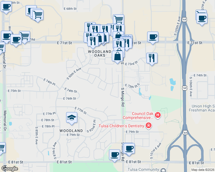 map of restaurants, bars, coffee shops, grocery stores, and more near 7511 South 94th East Avenue in Tulsa