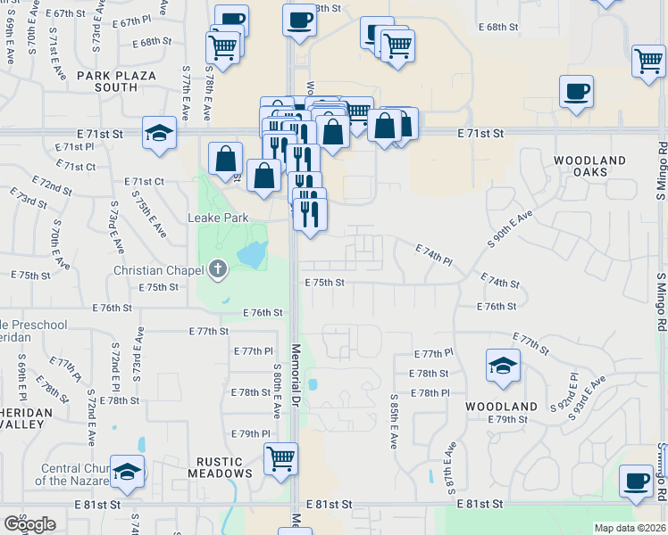 map of restaurants, bars, coffee shops, grocery stores, and more near 8208 East 74th Court in Tulsa