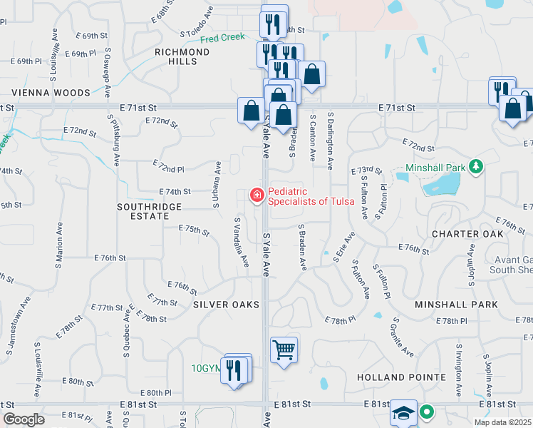 map of restaurants, bars, coffee shops, grocery stores, and more near 7424 South Yale Avenue in Tulsa