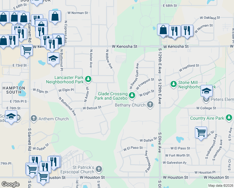 map of restaurants, bars, coffee shops, grocery stores, and more near 4105 West Elgin Street in Broken Arrow