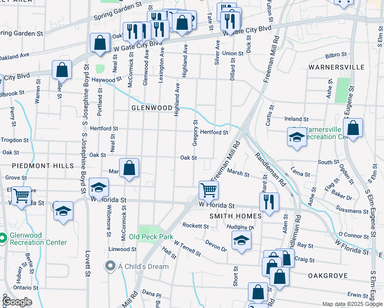 map of restaurants, bars, coffee shops, grocery stores, and more near 1122 Gregory Street in Greensboro