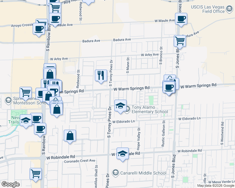 map of restaurants, bars, coffee shops, grocery stores, and more near 7333 Lagoon Blue Street in Las Vegas