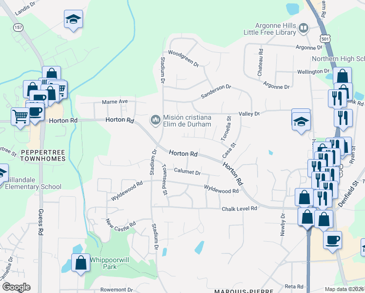 map of restaurants, bars, coffee shops, grocery stores, and more near 1014 Horton Road in Durham