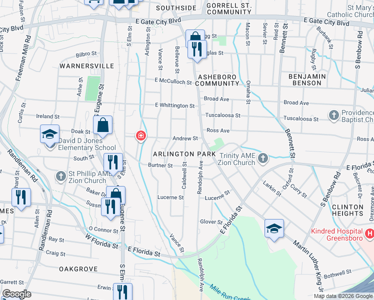 map of restaurants, bars, coffee shops, grocery stores, and more near 1112 Caldwell Street in Greensboro