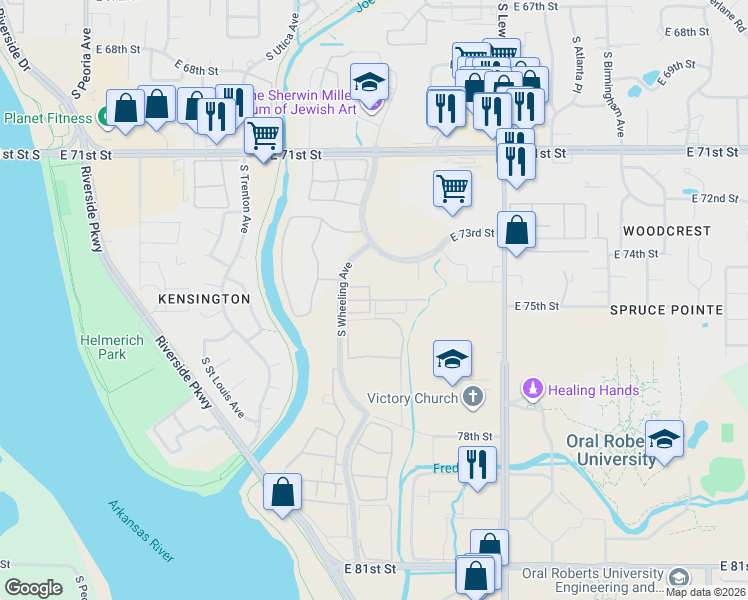 map of restaurants, bars, coffee shops, grocery stores, and more near 1934 East 74th Place in Tulsa