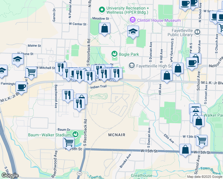 map of restaurants, bars, coffee shops, grocery stores, and more near 865 South Rose Avenue in Fayetteville