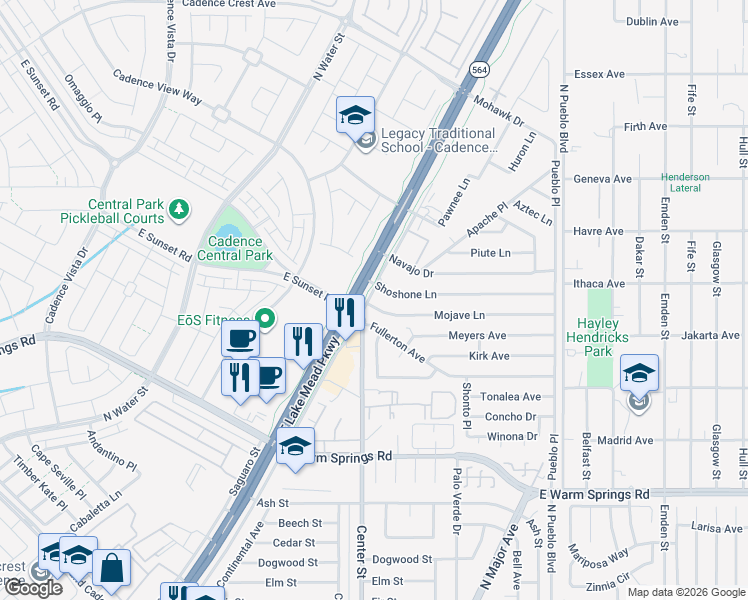 map of restaurants, bars, coffee shops, grocery stores, and more near 182 Shoshone Lane in Henderson