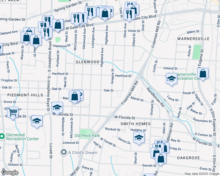 map of restaurants, bars, coffee shops, grocery stores, and more near 1122 Gregory Street in Greensboro