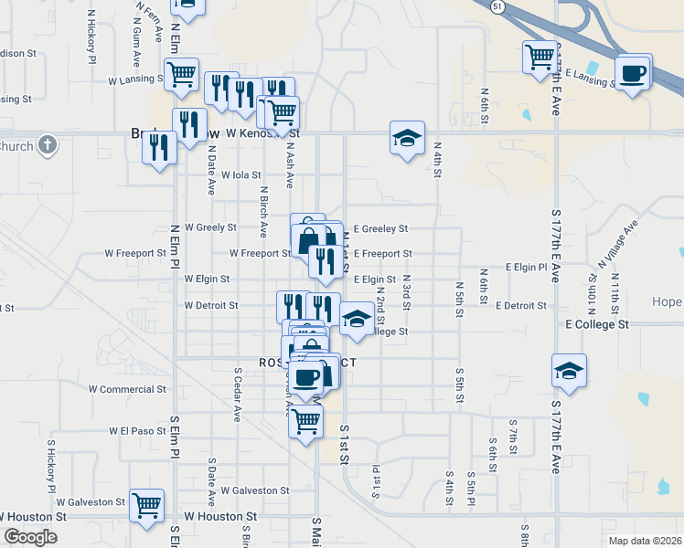 map of restaurants, bars, coffee shops, grocery stores, and more near 114 East Elgin Street in Broken Arrow
