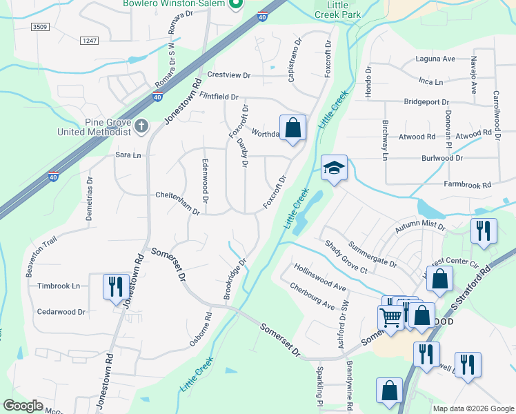 map of restaurants, bars, coffee shops, grocery stores, and more near 305 Foxcroft Drive in Winston-Salem