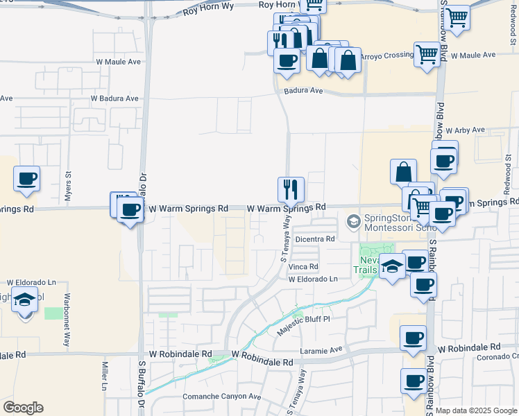 map of restaurants, bars, coffee shops, grocery stores, and more near 7373 West Warm Springs Road in Las Vegas