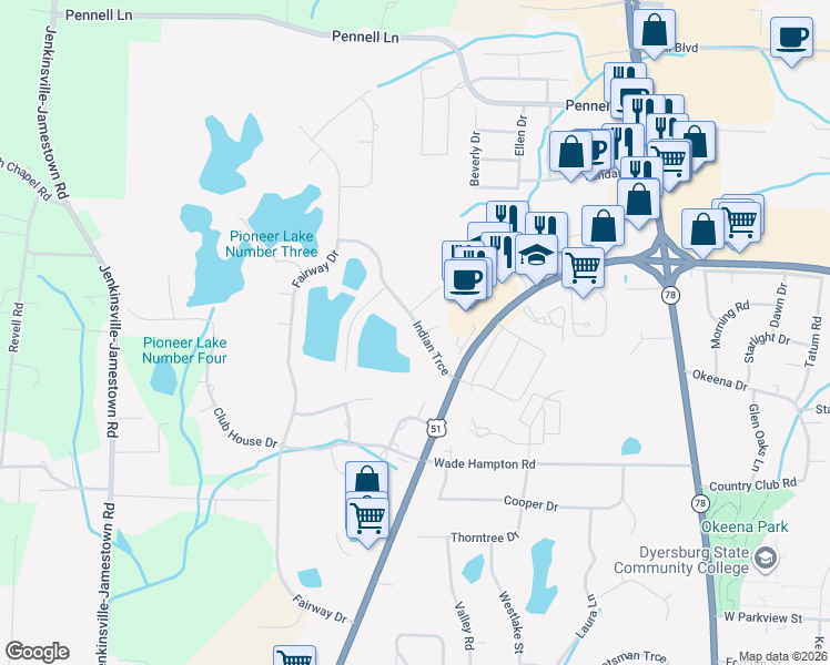 map of restaurants, bars, coffee shops, grocery stores, and more near 2153 Apache Cove in Dyersburg