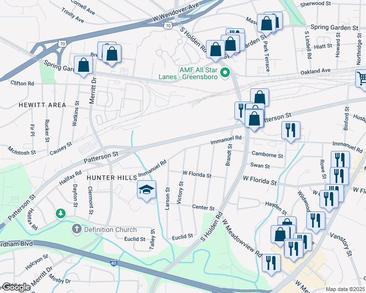 map of restaurants, bars, coffee shops, grocery stores, and more near 3304 Immanuel Road in Greensboro