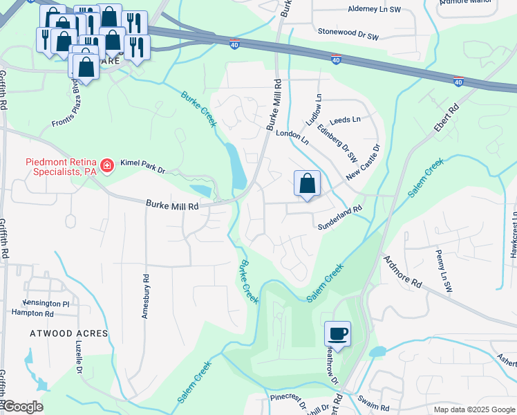map of restaurants, bars, coffee shops, grocery stores, and more near 112 Rivertree Lane in Winston-Salem