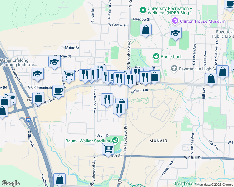 map of restaurants, bars, coffee shops, grocery stores, and more near 777 South Razorback Road in Fayetteville