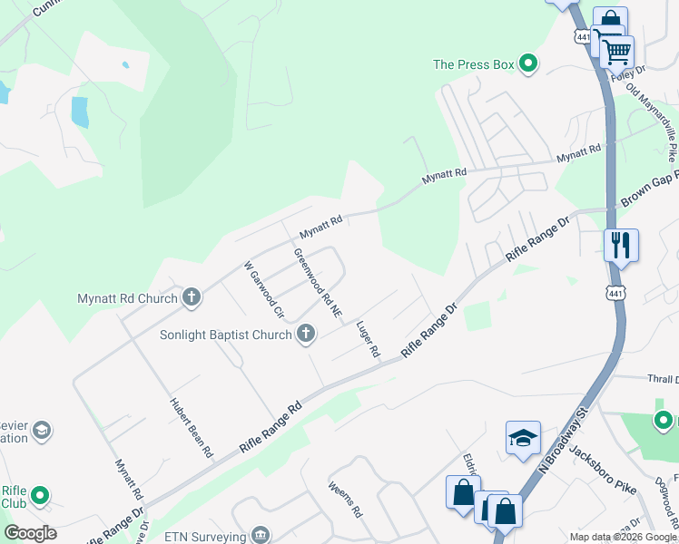 map of restaurants, bars, coffee shops, grocery stores, and more near 6517 East Garwood Circle in Knoxville