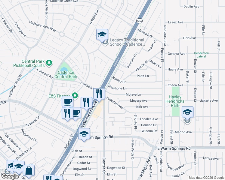 map of restaurants, bars, coffee shops, grocery stores, and more near 182 Shoshone Lane in Henderson