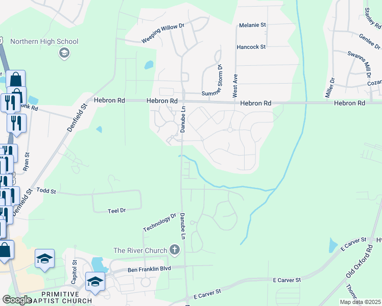 map of restaurants, bars, coffee shops, grocery stores, and more near 1014 Briar Rose Lane in Durham