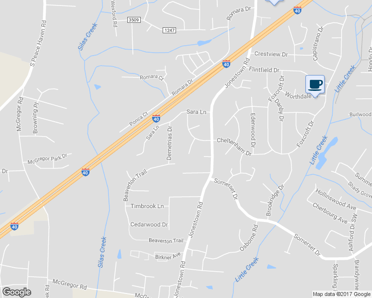 map of restaurants, bars, coffee shops, grocery stores, and more near 1212 Bucklebury Court in Winston-Salem