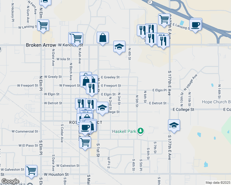 map of restaurants, bars, coffee shops, grocery stores, and more near 316 East Elgin Street in Broken Arrow