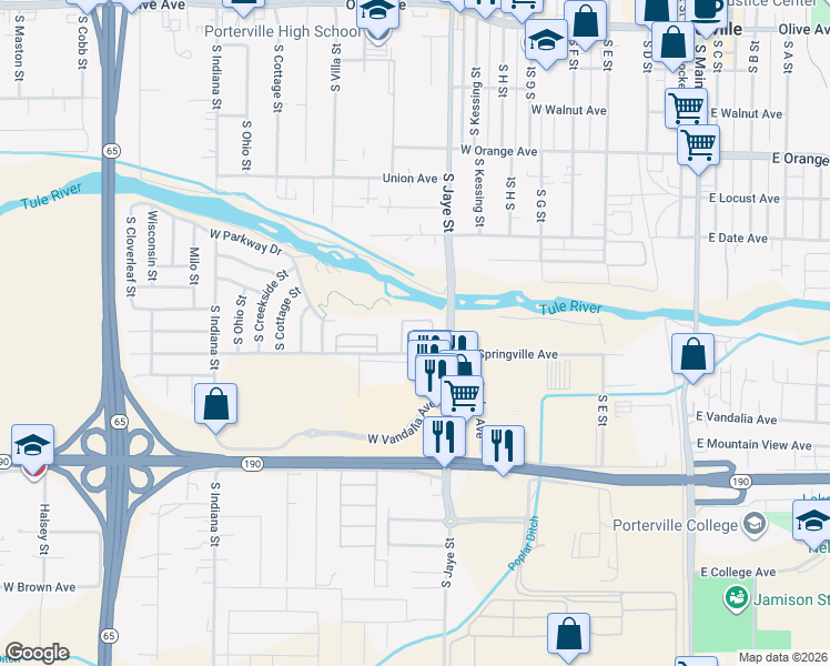 map of restaurants, bars, coffee shops, grocery stores, and more near 450 West Springville Drive in Porterville