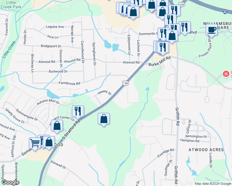 map of restaurants, bars, coffee shops, grocery stores, and more near 2358 South Stratford Road in Winston-Salem