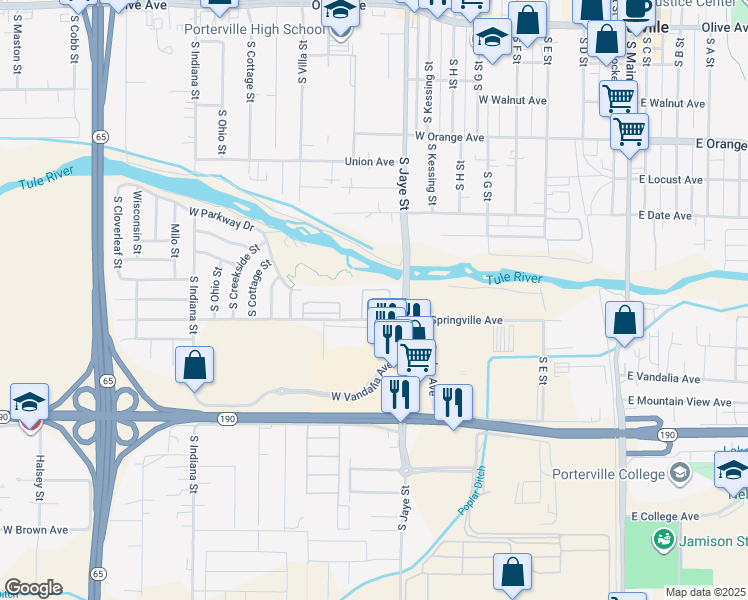 map of restaurants, bars, coffee shops, grocery stores, and more near 450 West Springville Drive in Porterville