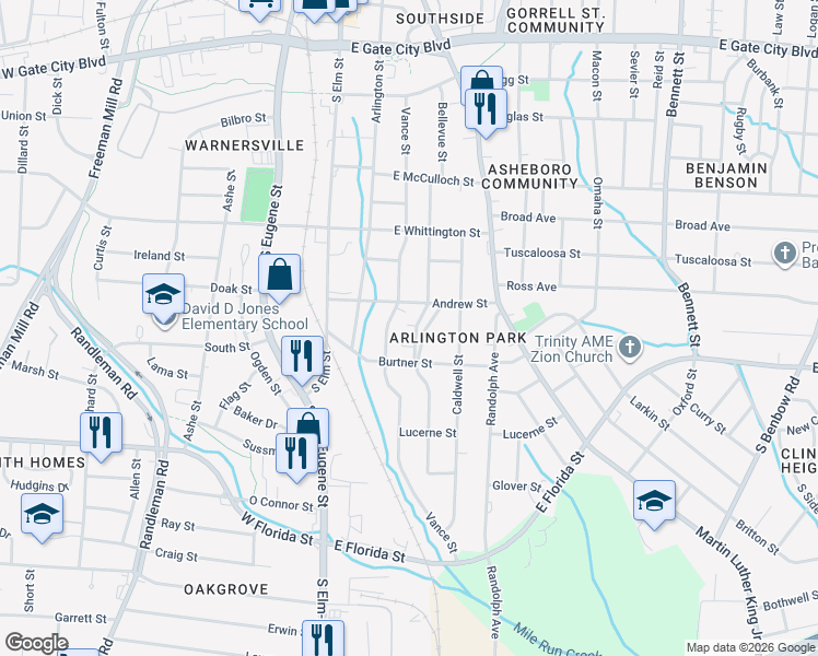 map of restaurants, bars, coffee shops, grocery stores, and more near 1210 Bellevue Street in Greensboro