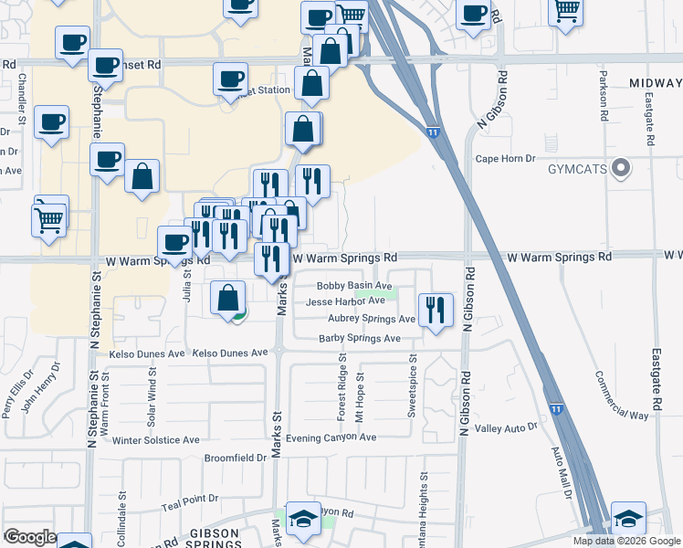 map of restaurants, bars, coffee shops, grocery stores, and more near 1147 Bradley Bay Avenue in Henderson