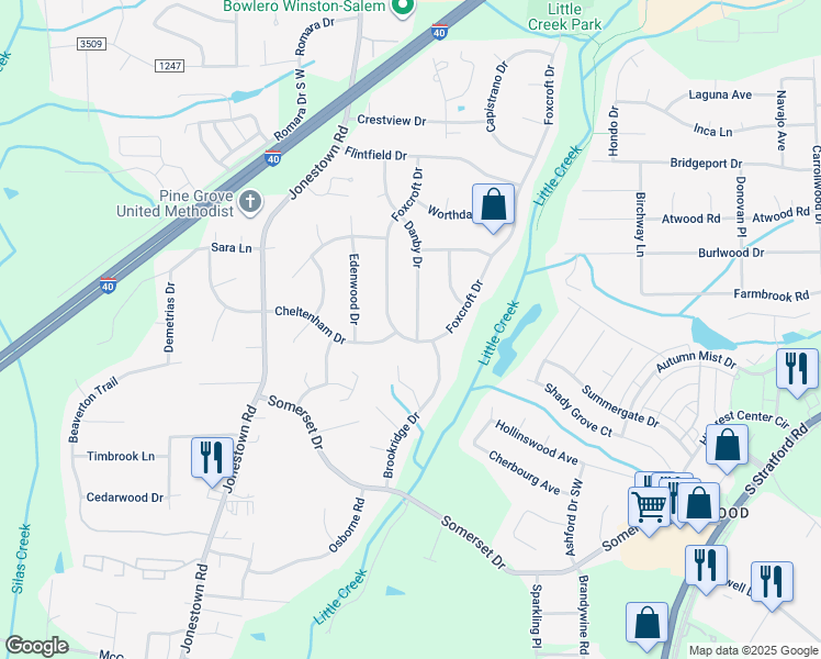 map of restaurants, bars, coffee shops, grocery stores, and more near 233 Foxcroft Drive in Winston-Salem