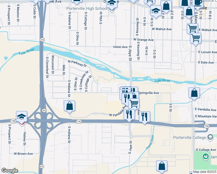 map of restaurants, bars, coffee shops, grocery stores, and more near 550 West Springville Avenue in Porterville