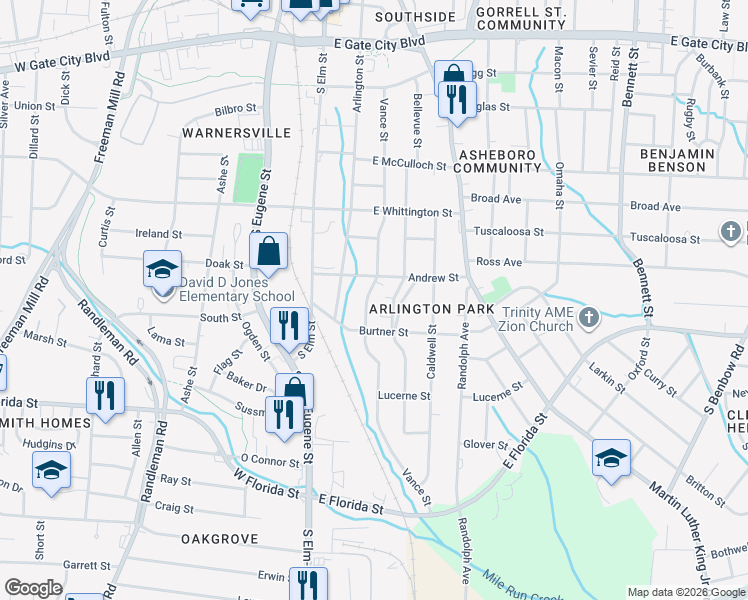 map of restaurants, bars, coffee shops, grocery stores, and more near 1210 Bellevue Street in Greensboro