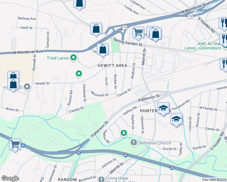 map of restaurants, bars, coffee shops, grocery stores, and more near 1008 Rucker Street in Greensboro