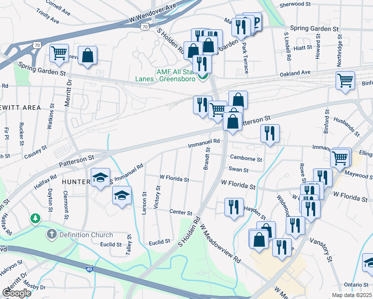 map of restaurants, bars, coffee shops, grocery stores, and more near 3103 Immanuel Road in Greensboro