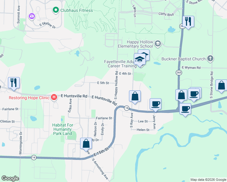 map of restaurants, bars, coffee shops, grocery stores, and more near 610 South Happy Hollow Road in Fayetteville