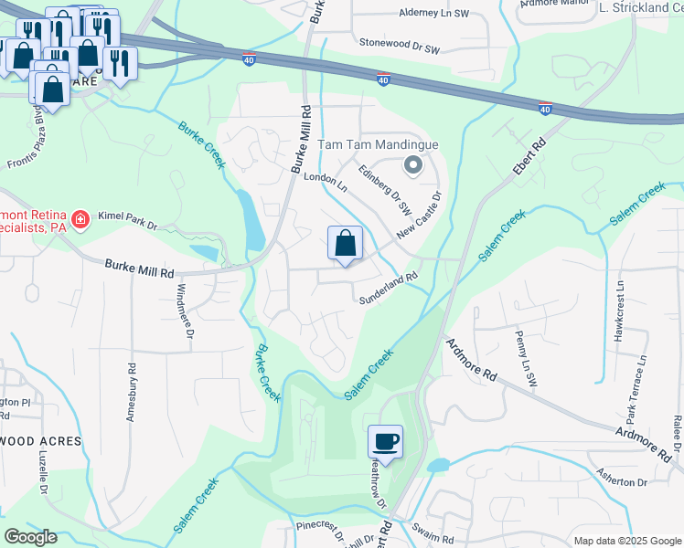 map of restaurants, bars, coffee shops, grocery stores, and more near 2243 New Castle Drive in Winston-Salem