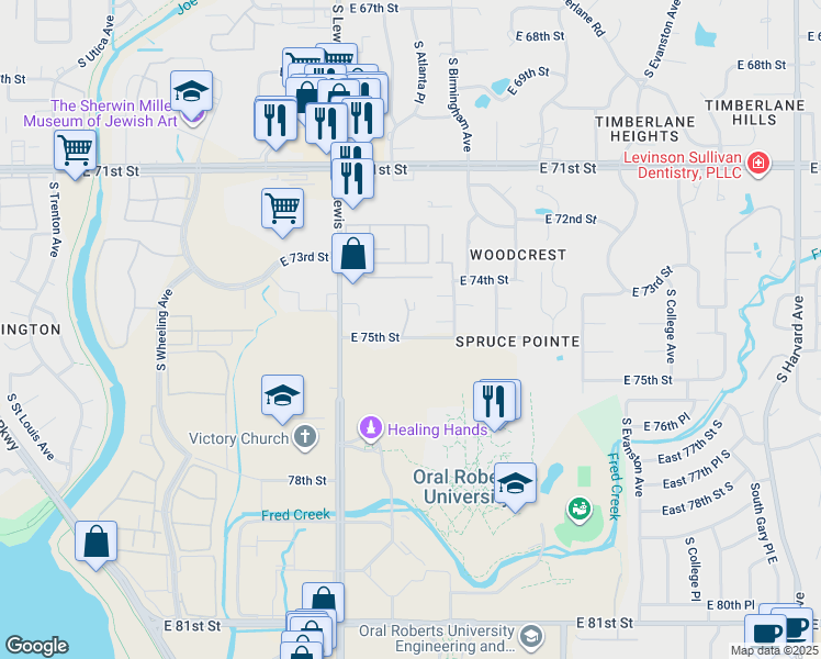 map of restaurants, bars, coffee shops, grocery stores, and more near 7445 South Atlanta Avenue in Tulsa