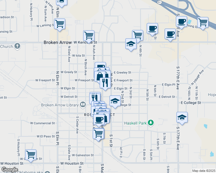 map of restaurants, bars, coffee shops, grocery stores, and more near 114 East Elgin Street in Broken Arrow