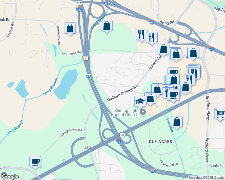map of restaurants, bars, coffee shops, grocery stores, and more near 900 Hanahan Court in Greensboro