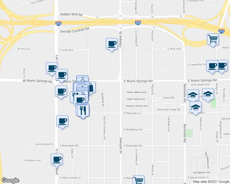 map of restaurants, bars, coffee shops, grocery stores, and more near 163 East Warm Springs Road in Las Vegas