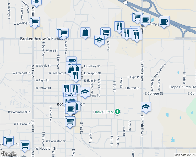 map of restaurants, bars, coffee shops, grocery stores, and more near 316 East Elgin Street in Broken Arrow