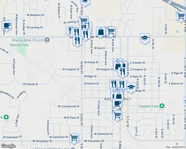 map of restaurants, bars, coffee shops, grocery stores, and more near 408 North Date Avenue in Broken Arrow