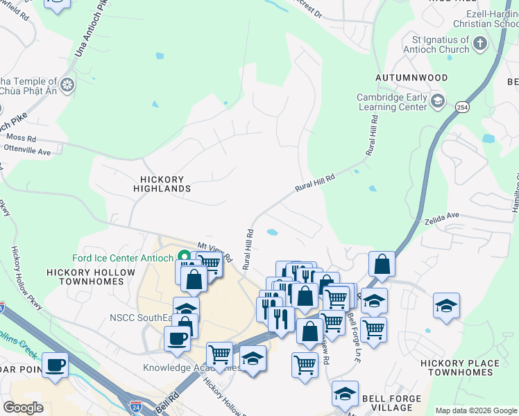 map of restaurants, bars, coffee shops, grocery stores, and more near 1385 Rural Hill Road in Nashville