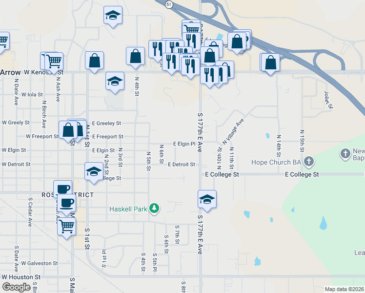 map of restaurants, bars, coffee shops, grocery stores, and more near 809 East Elgin Place in Broken Arrow