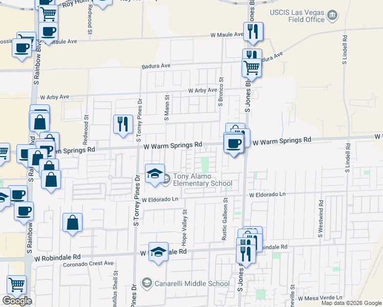 map of restaurants, bars, coffee shops, grocery stores, and more near 6306 Petron Court in Las Vegas